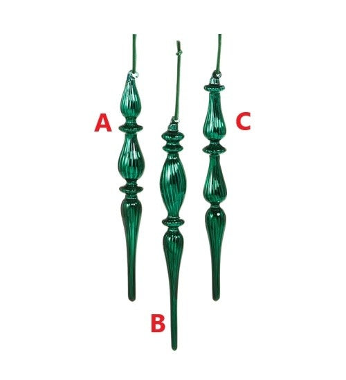Three green glass finial ornaments with ribbed textures, each featuring a long, tapered silhouette.