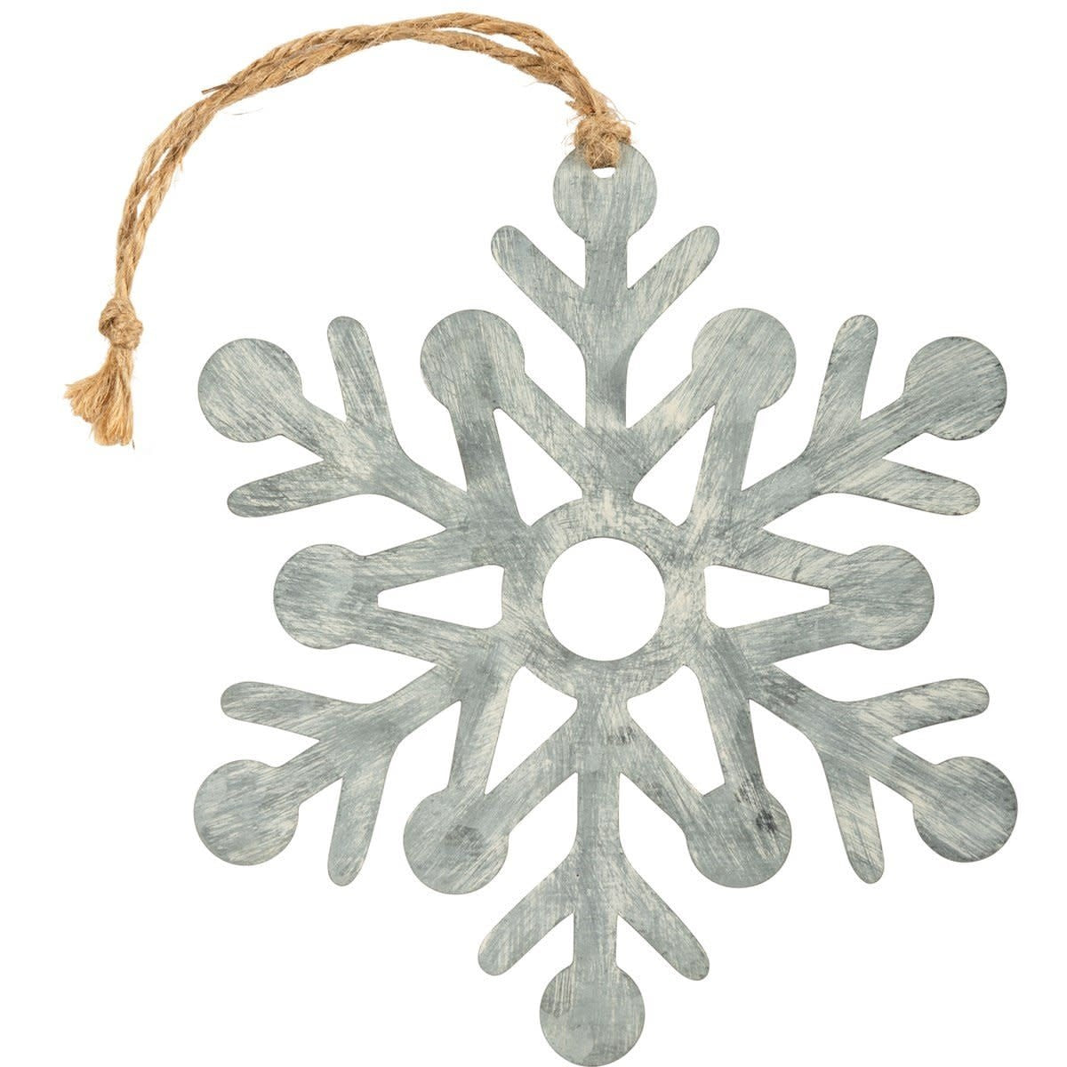 Metal snowflake hanging decor suspended from a natural jute string.