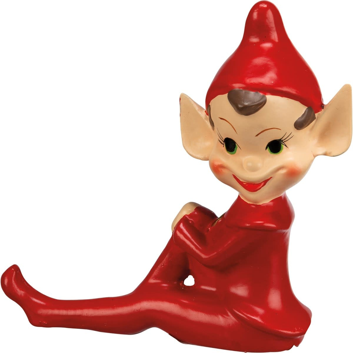 Wooden elf figurine with painted facial features standing upright.