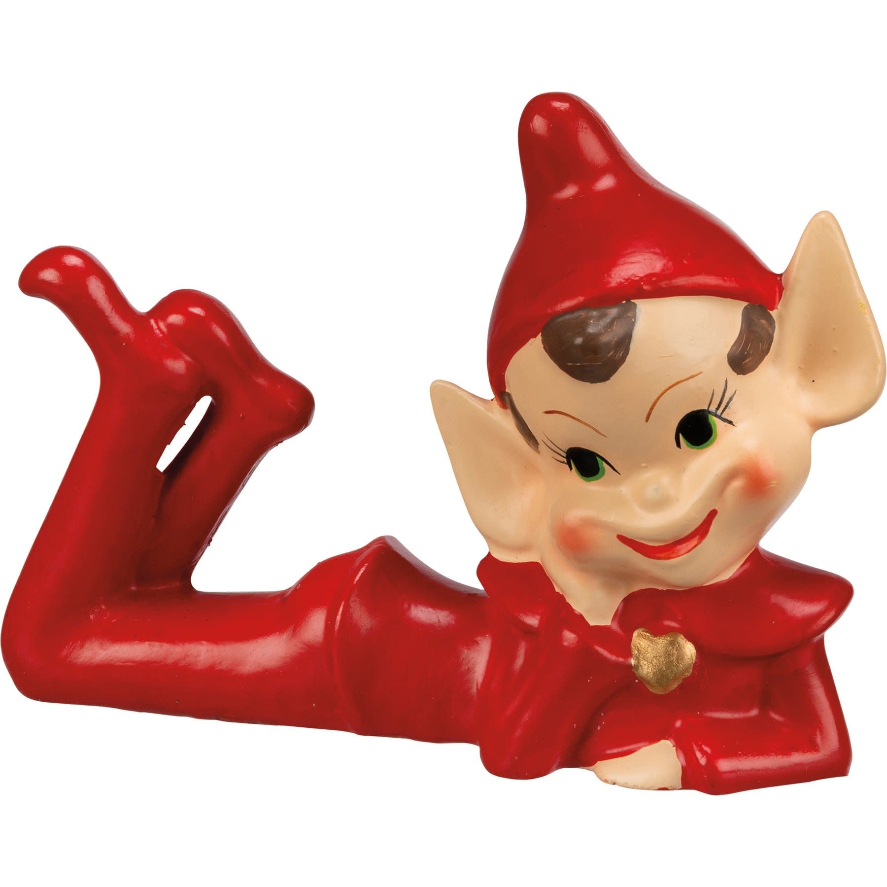 Wooden elf figurine with painted facial features standing on a flat base.