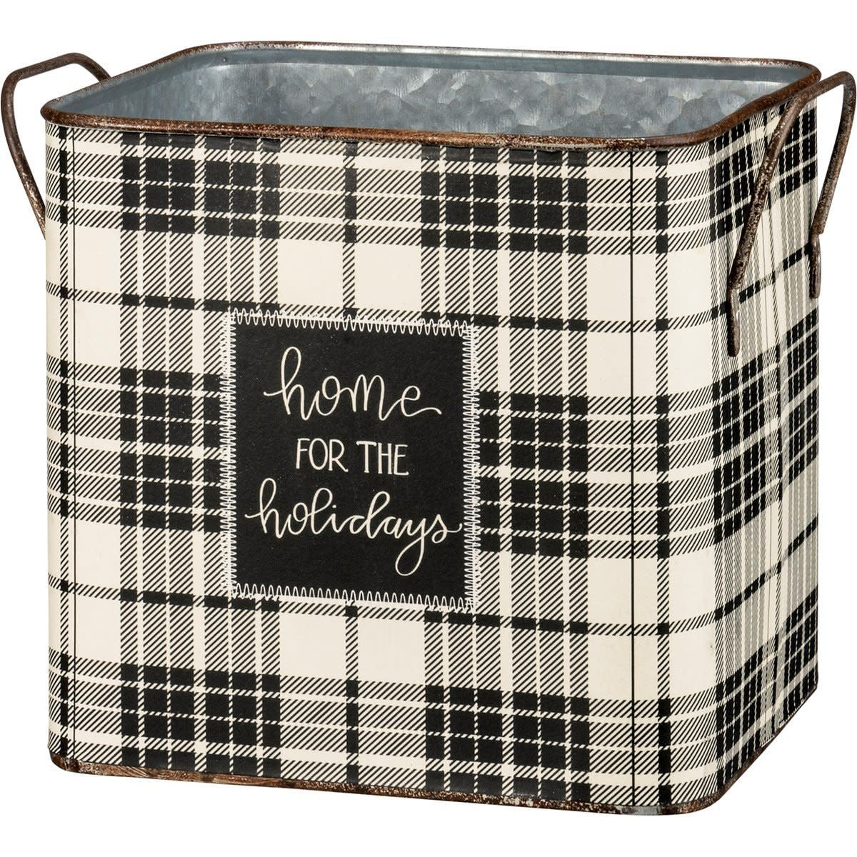 Square metal bin with full wrap-around plaid pattern and Home For The Holidays sentiment text.