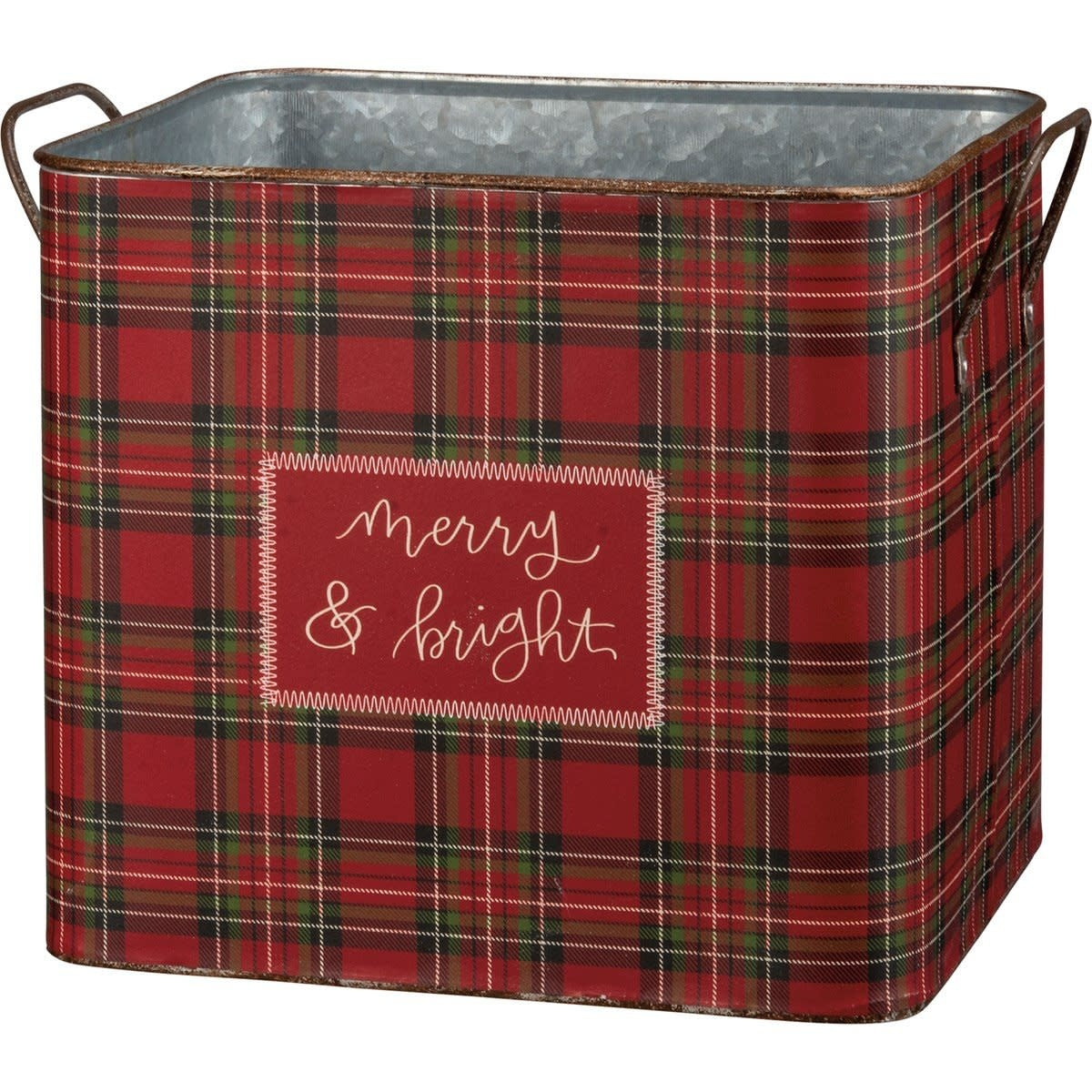 Square metal bin with plaid wrap-around design and 'Home For The Holidays' text on a white background.