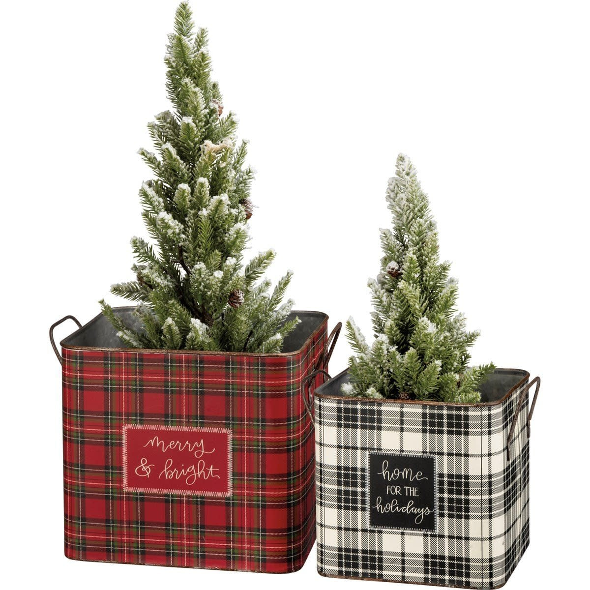 Square metal bin with full wrap-around plaid print and Home For The Holidays sentiment text.