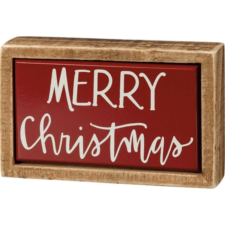 Wooden box sign with tile-like finish featuring hand-lettered Believe sentiment in festive Christmas collection