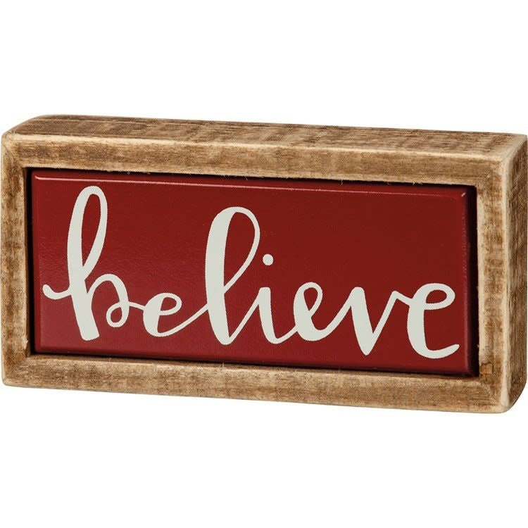 Wooden box sign mini with hand-lettered Believe sentiment in tile-like finish