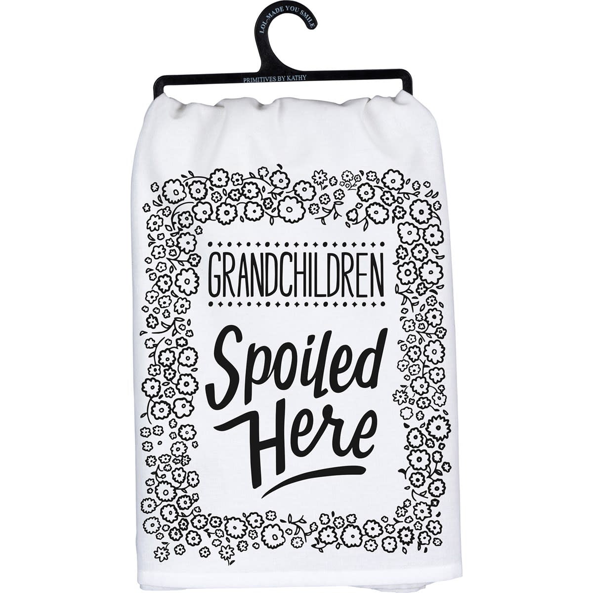 Black cotton kitchen towel with white text reading 'Remember As Far As Anyone Knows We Are A Nice & Normal Family'