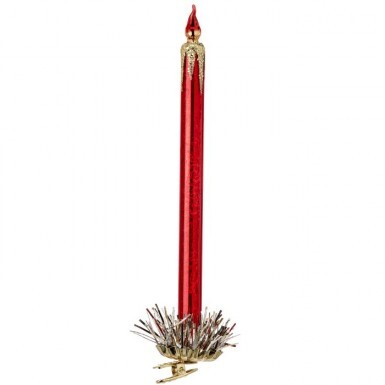 10-inch red glass candle ornament with a gold glitter flame and a silver tinsel clip base.