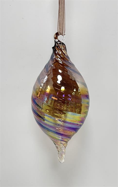 3.5-inch iridescent copper glass finial ornament with a twisted texture and hanging ribbon.