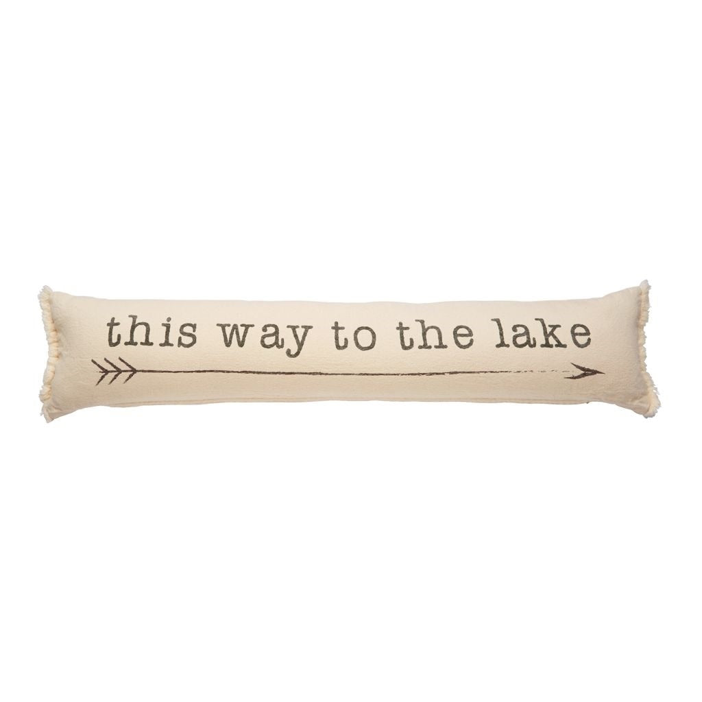 Long skinny cotton pillow with printed sentiment text and frayed ends.
