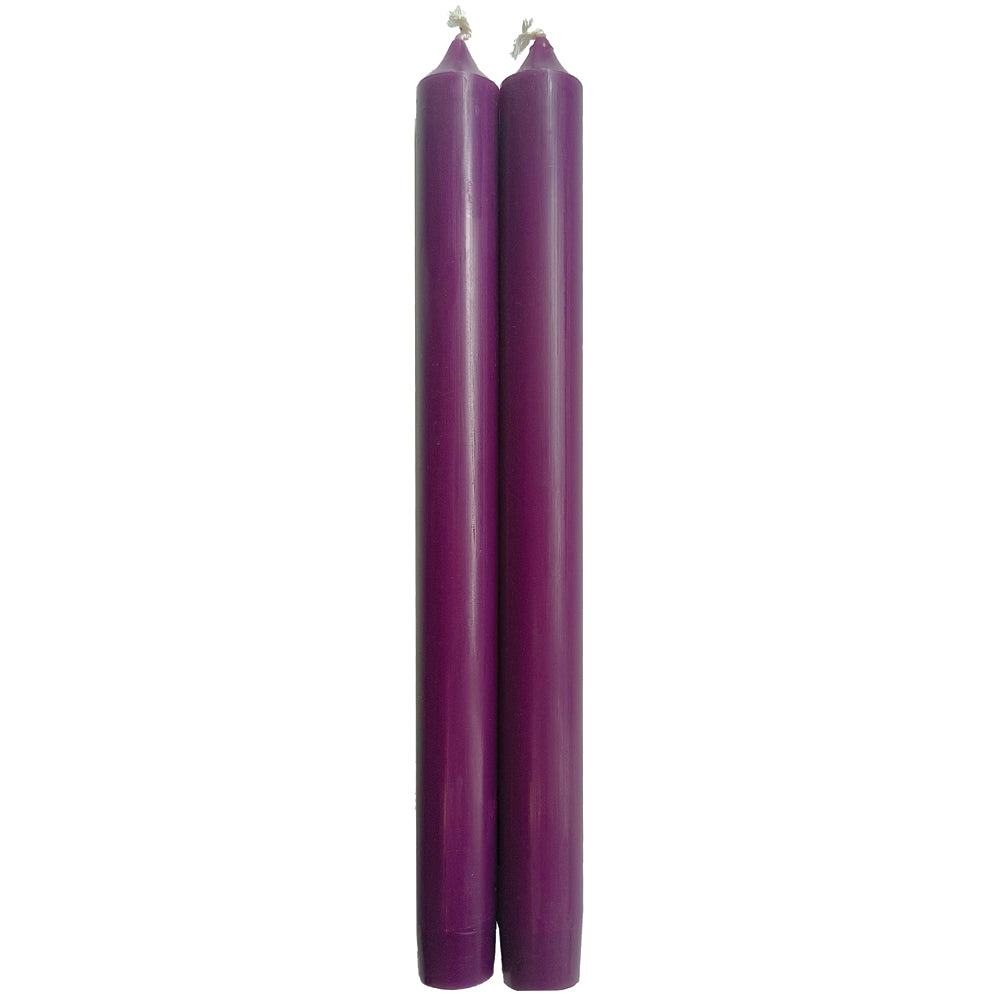 A pair of 10-inch purple crown taper candles with cotton wicks.