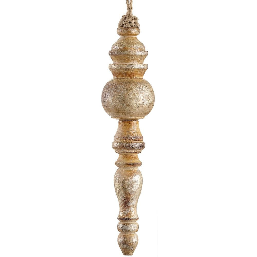 10-inch gold and brown mango wood finial ornament with a rustic, weathered finish.
