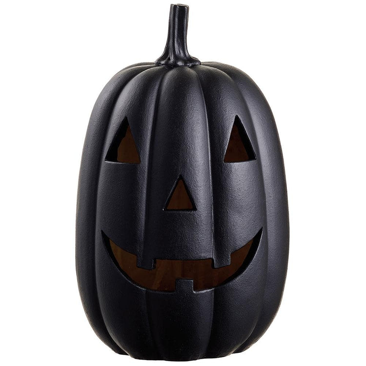 11-inch black resin Jack-O'-Lantern with a carved face and battery-operated light.