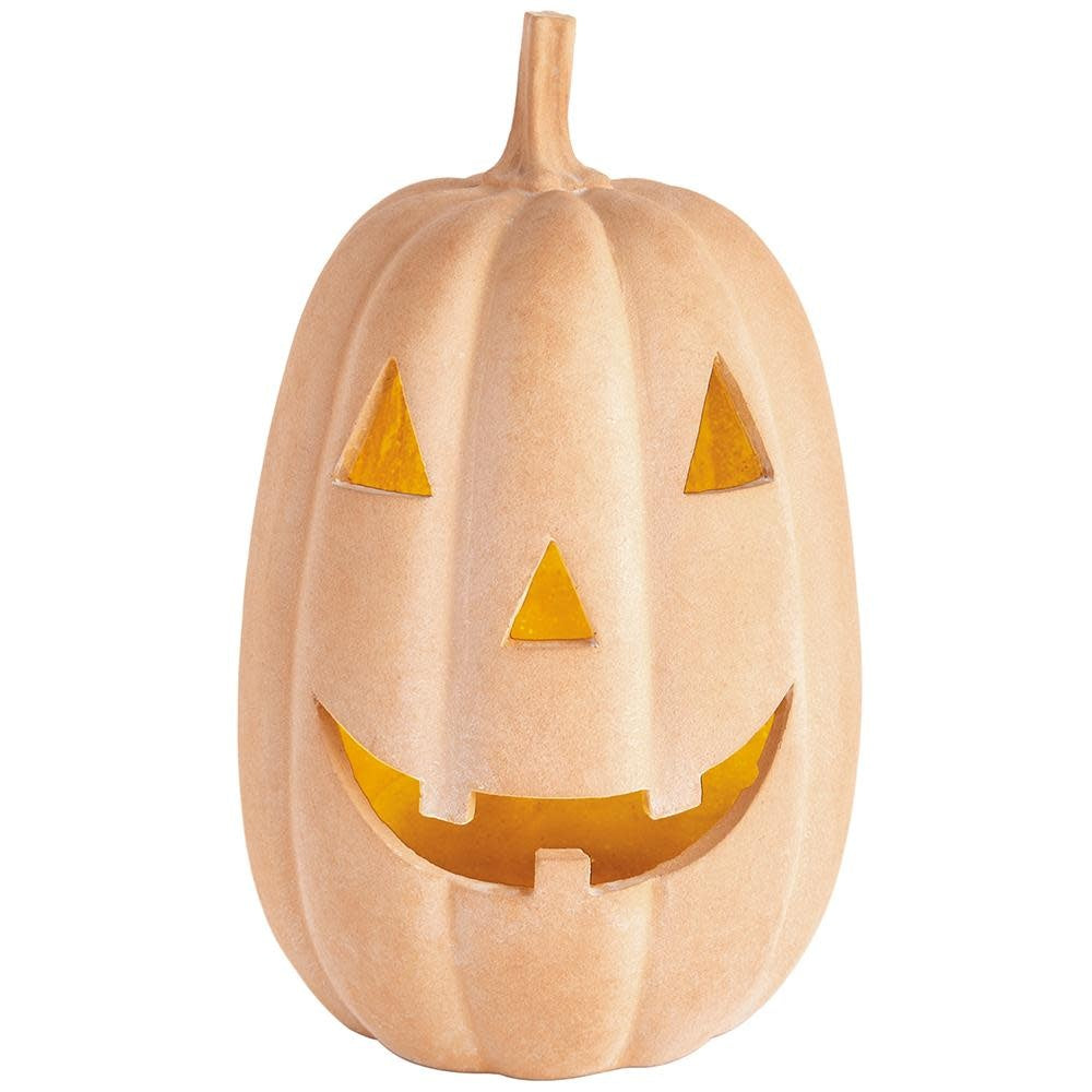 11-inch battery-operated terra cotta jack-o'-lantern with a carved face and internal LED light.