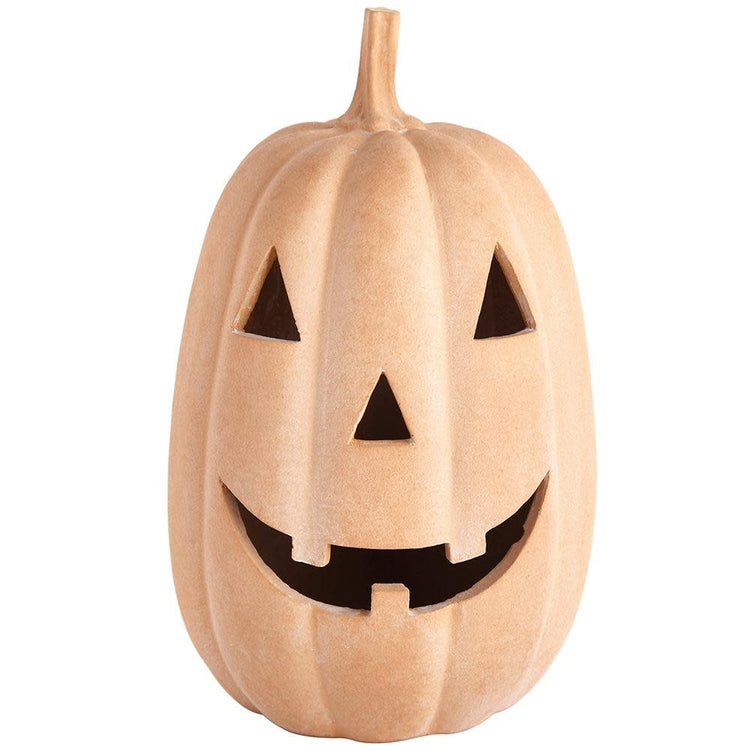 11-inch terra cotta polyresin Jack-O'-Lantern with a carved face and battery-operated LED light.