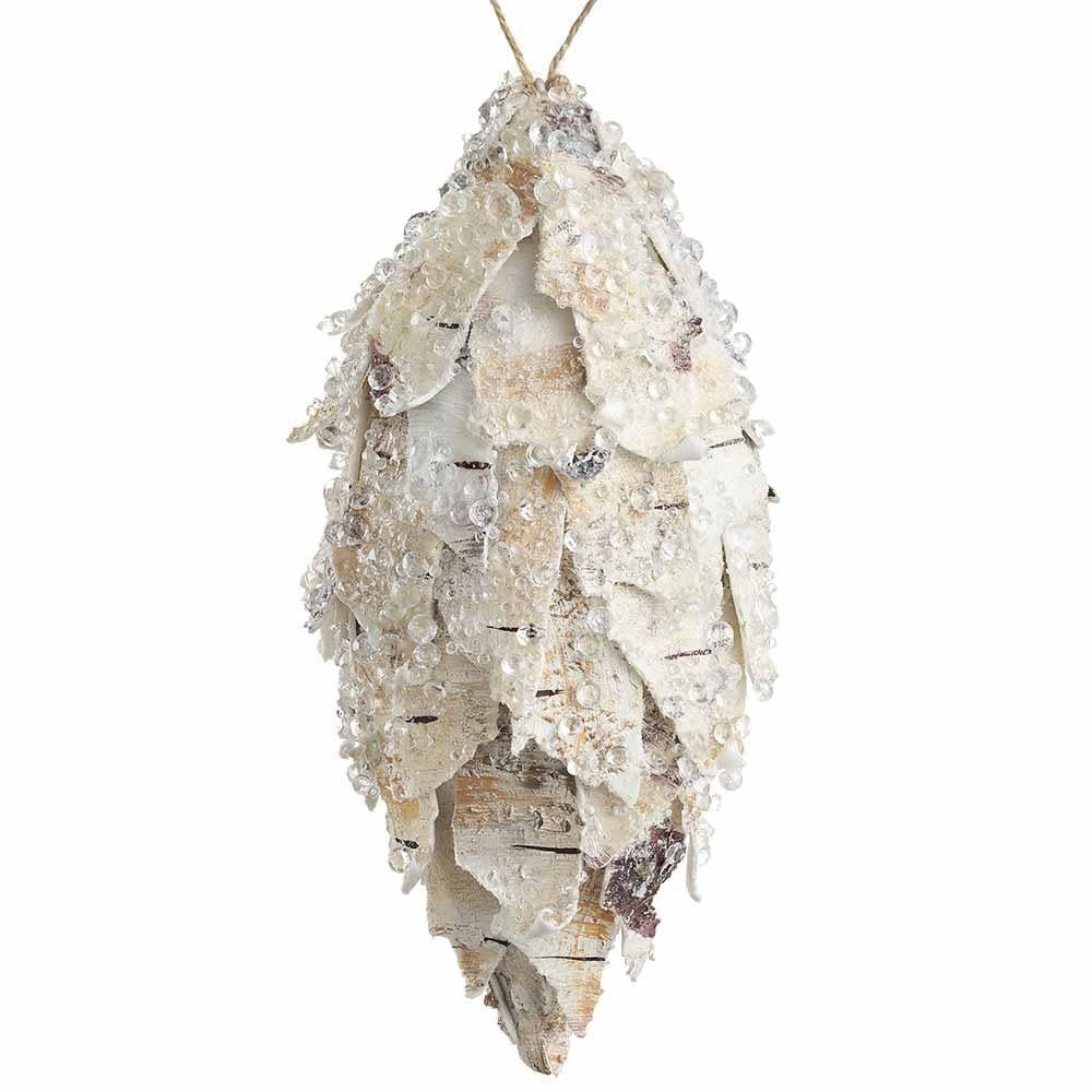 11-inch finial ornament made of layered birch bark and clear beads on a white background.
