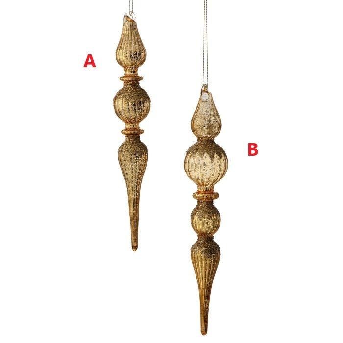 Two 11-inch gold mercury glass finial ornaments with glitter accents on a white background.