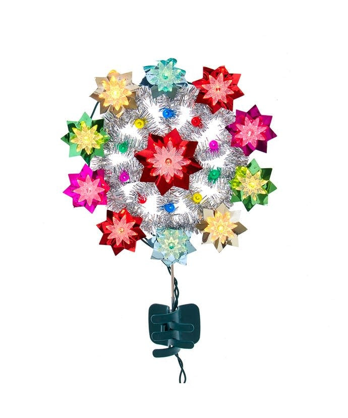11-inch retro-style Christmas tree topper with multicolored flower reflectors and silver tinsel.
