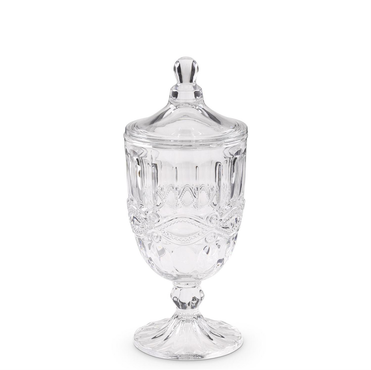 Ornate clear cast glass urn with a decorative lid and pedestal base on a white background.