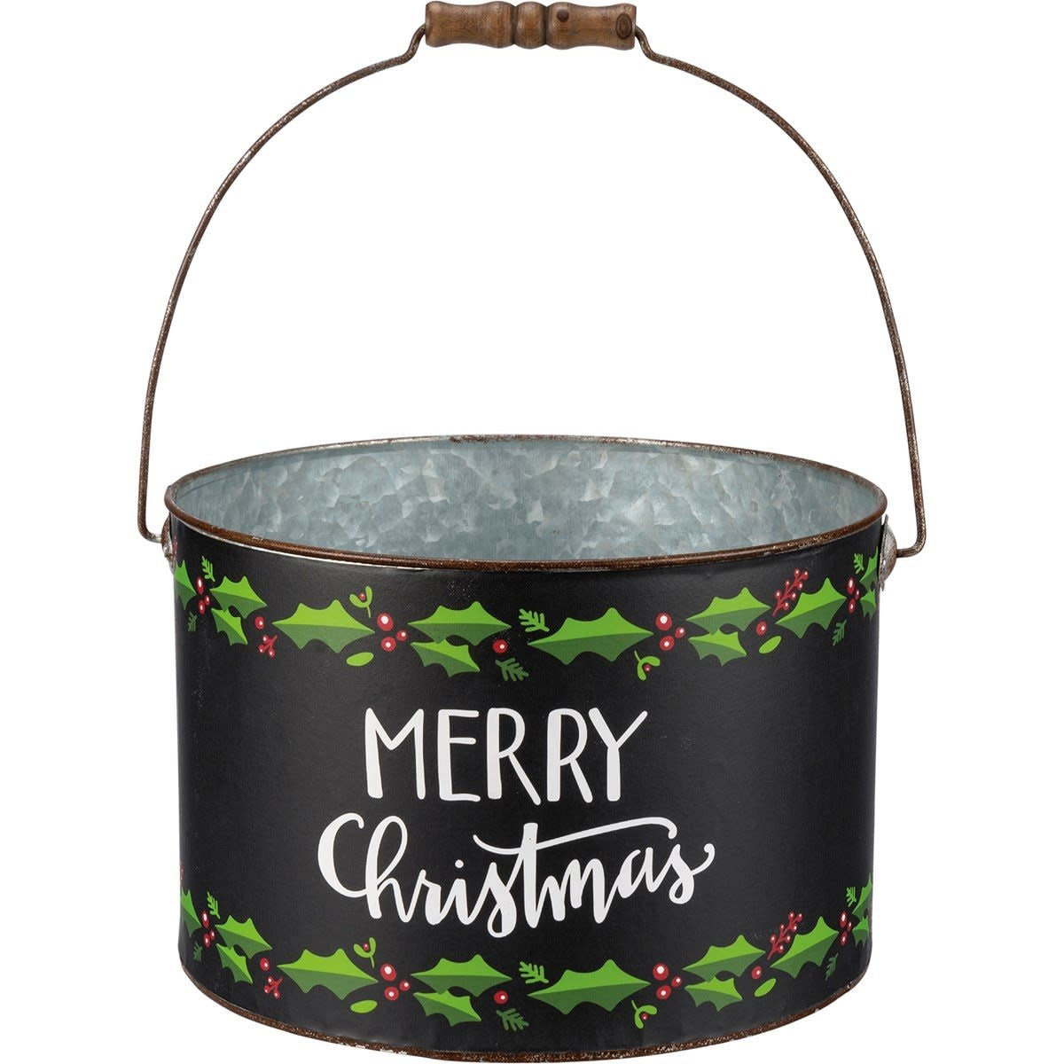 Galvanized metal bucket with wooden grips featuring holly leaf patterns and hand-lettered Merry Christmas sentiment.