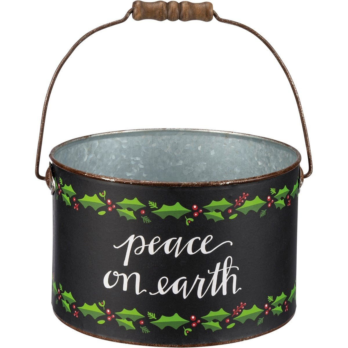 Galvanized metal bucket with wooden grips featuring holly leaf patterns and hand-lettered Merry Christmas sentiment.