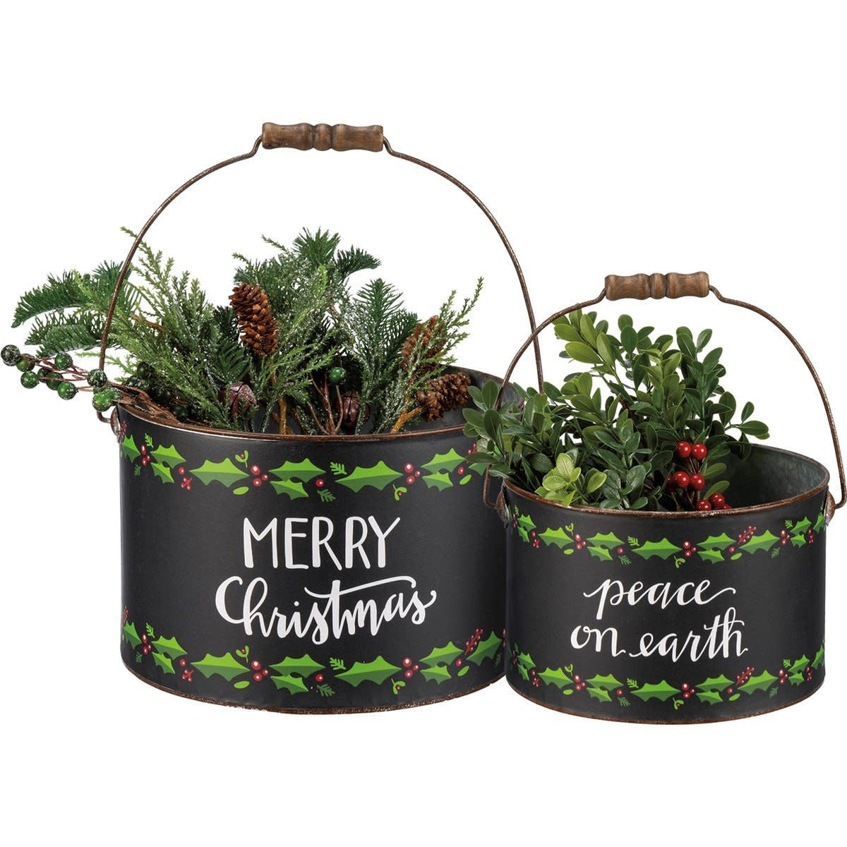 Galvanized metal bucket with wooden grips featuring holly leaf patterns and hand-lettered Merry Christmas sentiment.