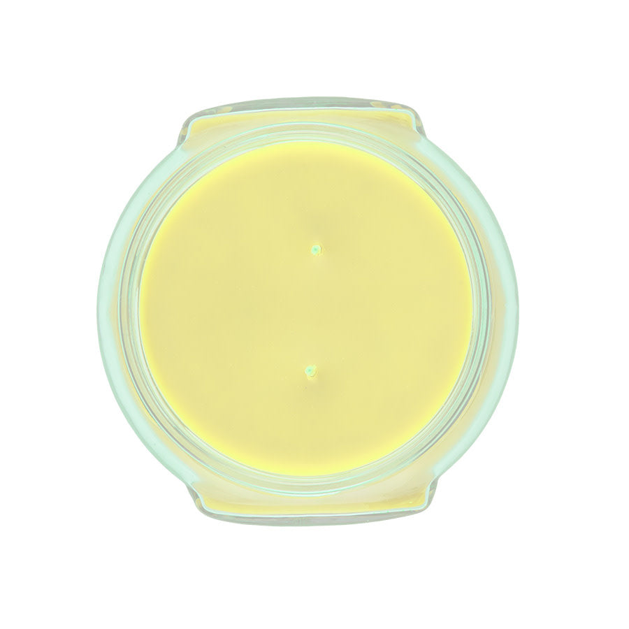 Top view of an 11oz Tyler candle in a glass jar with yellow wax and two wicks.