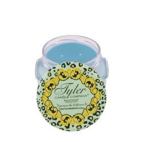 11oz Tyler Candle in a glass jar with a light blue wax and a leopard print lid.