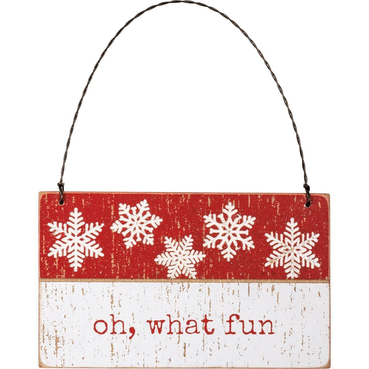 Rustic wood Christmas ornament with debossed snowflake patterns and twisted wire hanger.