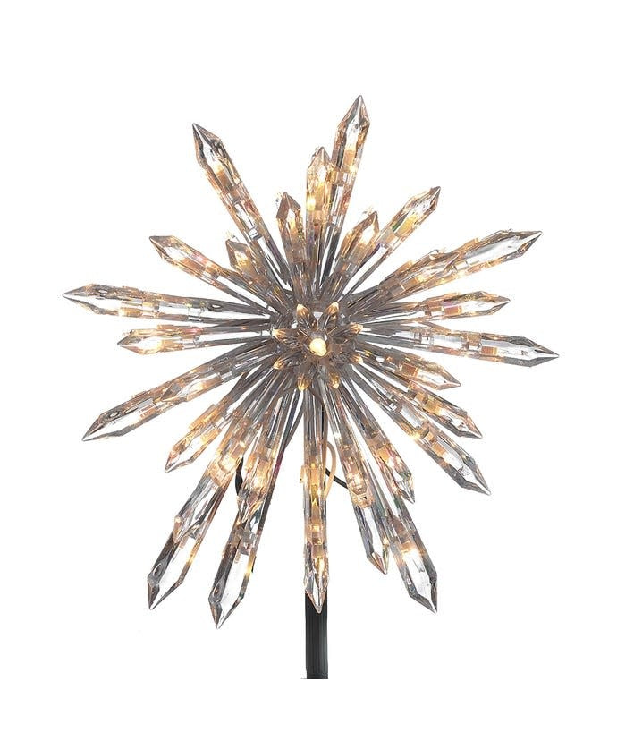 11.25-inch crystal-look snowflake Christmas tree topper with 30 clear incandescent lights.