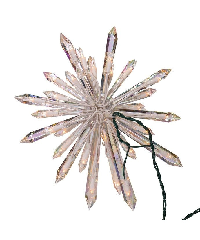 11.25-inch crystal-style snowflake Christmas tree topper with 30 clear incandescent lights.