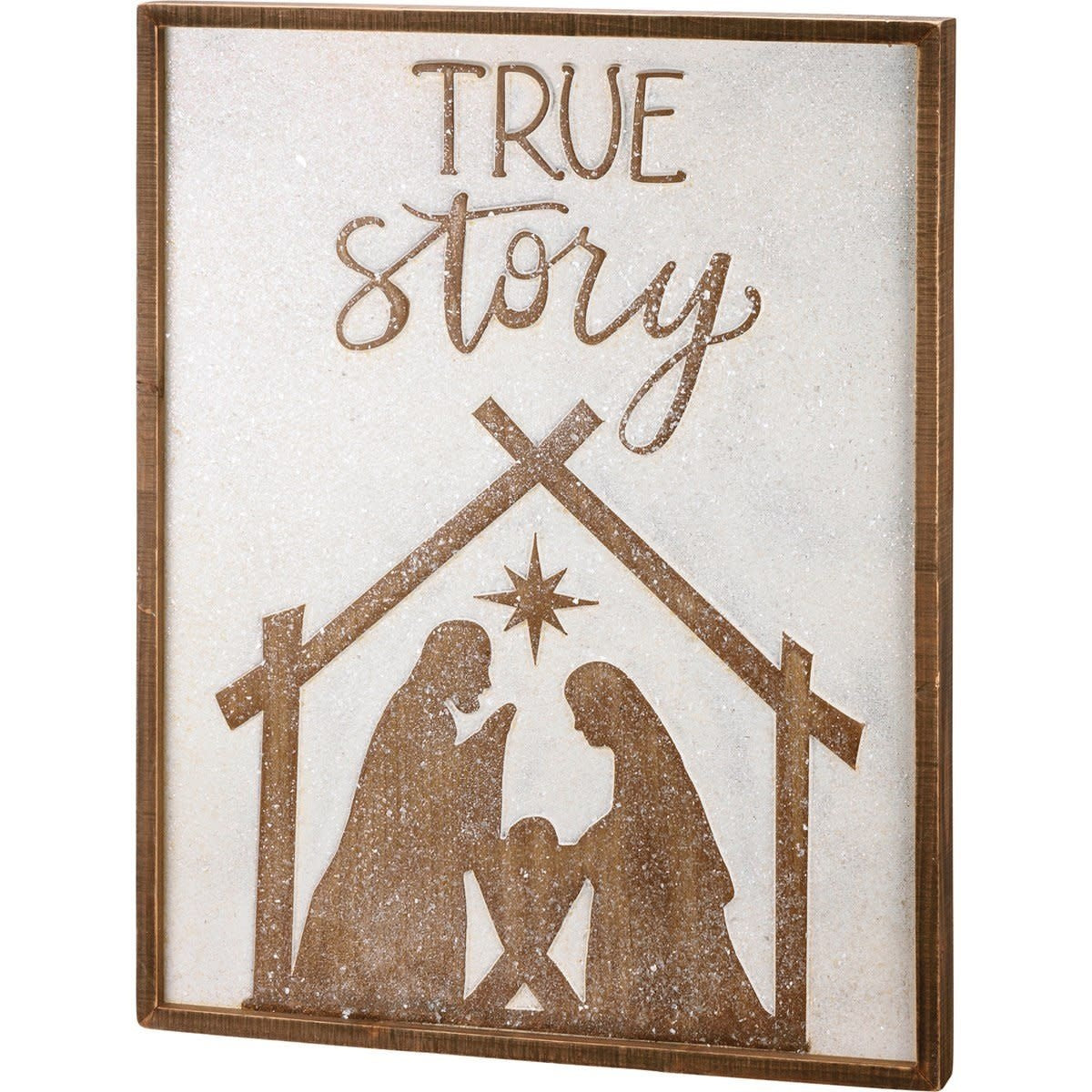 Inset wooden box sign with embossed nativity scene and mica coating.
