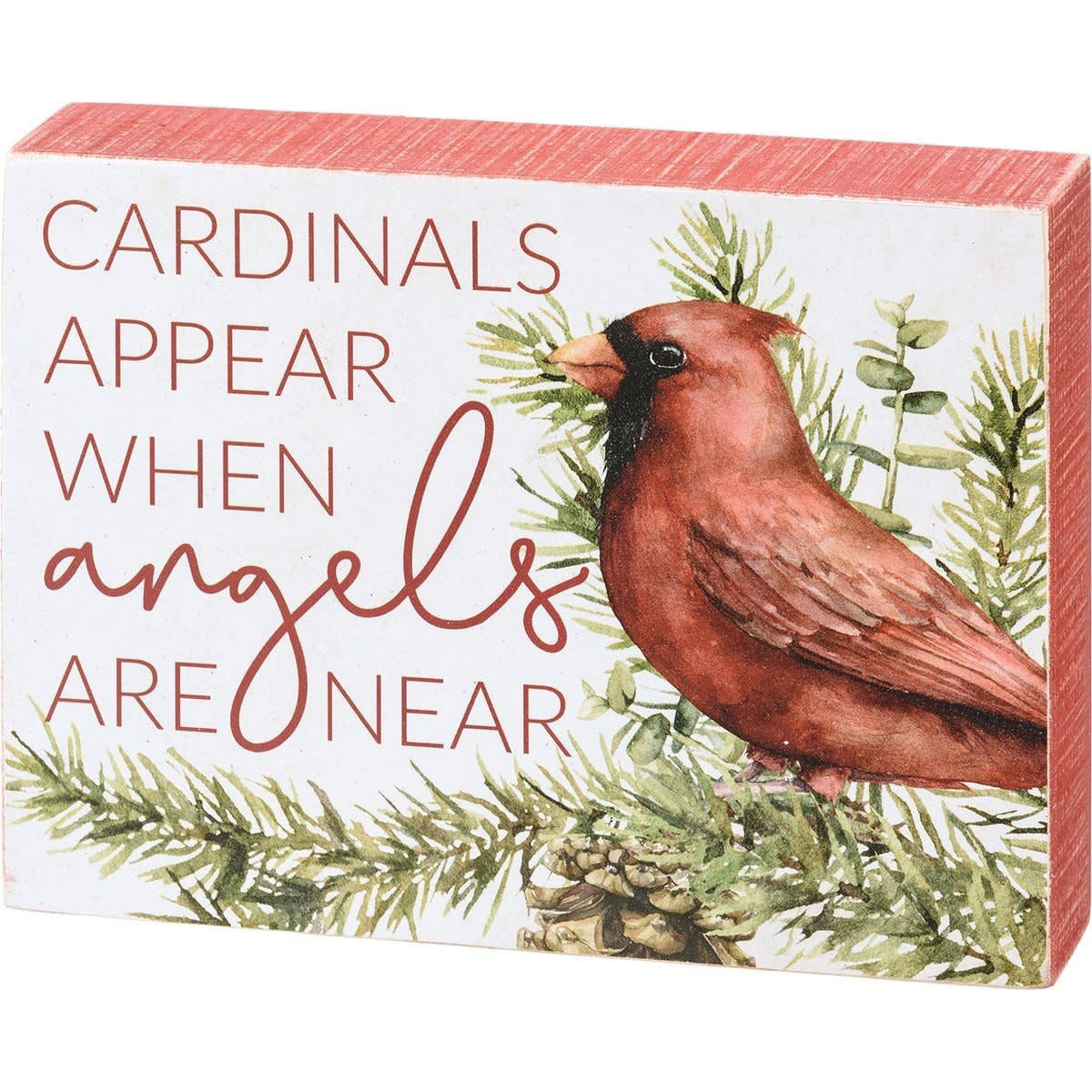 Wooden box sign with watercolor cardinal on branches and red sides.