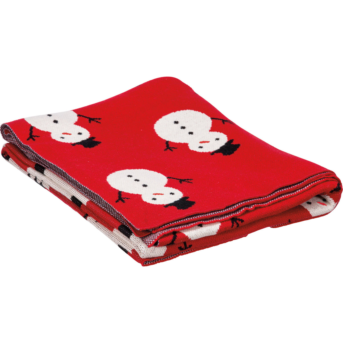 Machine-knitted cotton throw blanket featuring snowmen designs in a white color.
