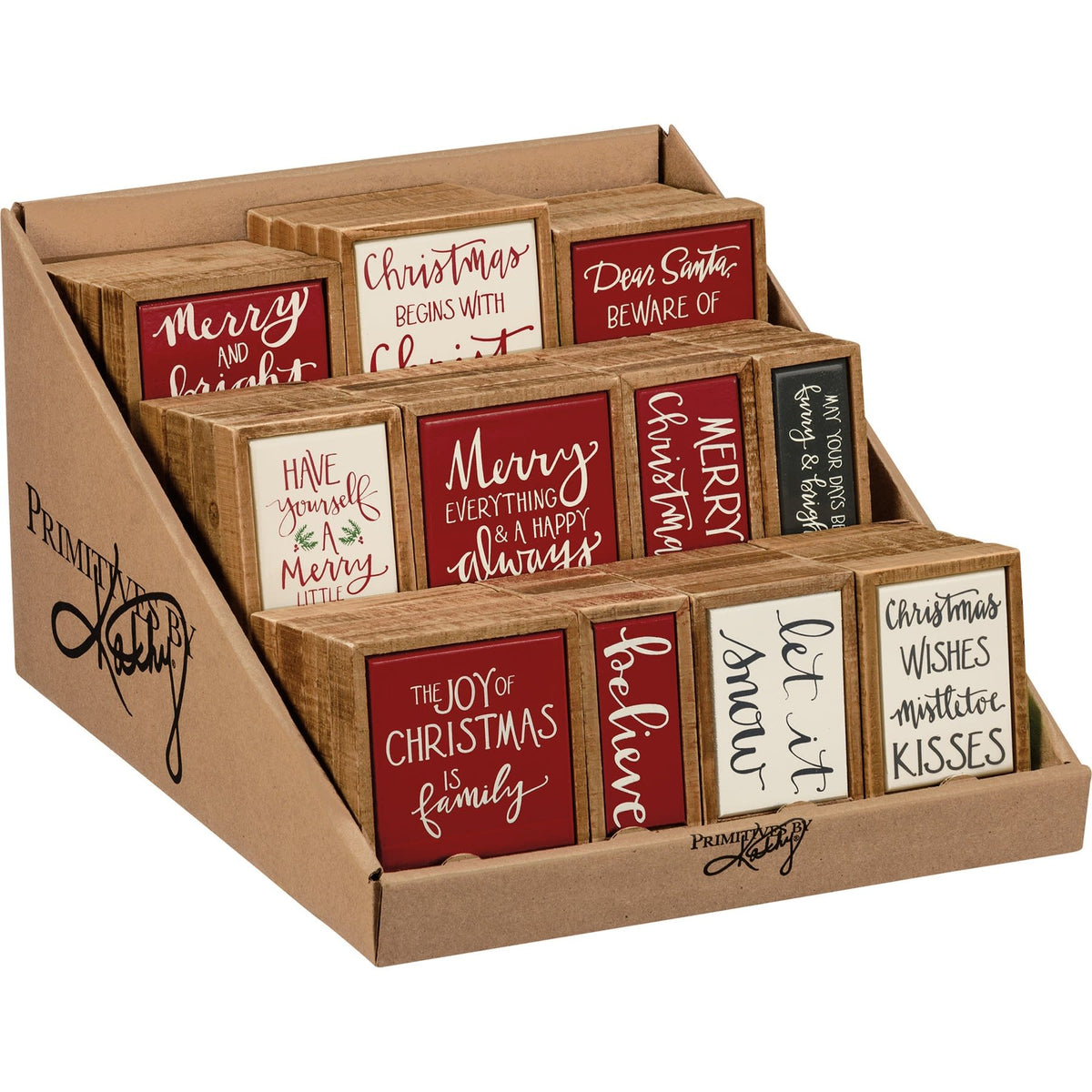 Wooden box sign mini with hand-lettered Believe sentiment in tile-like finish.