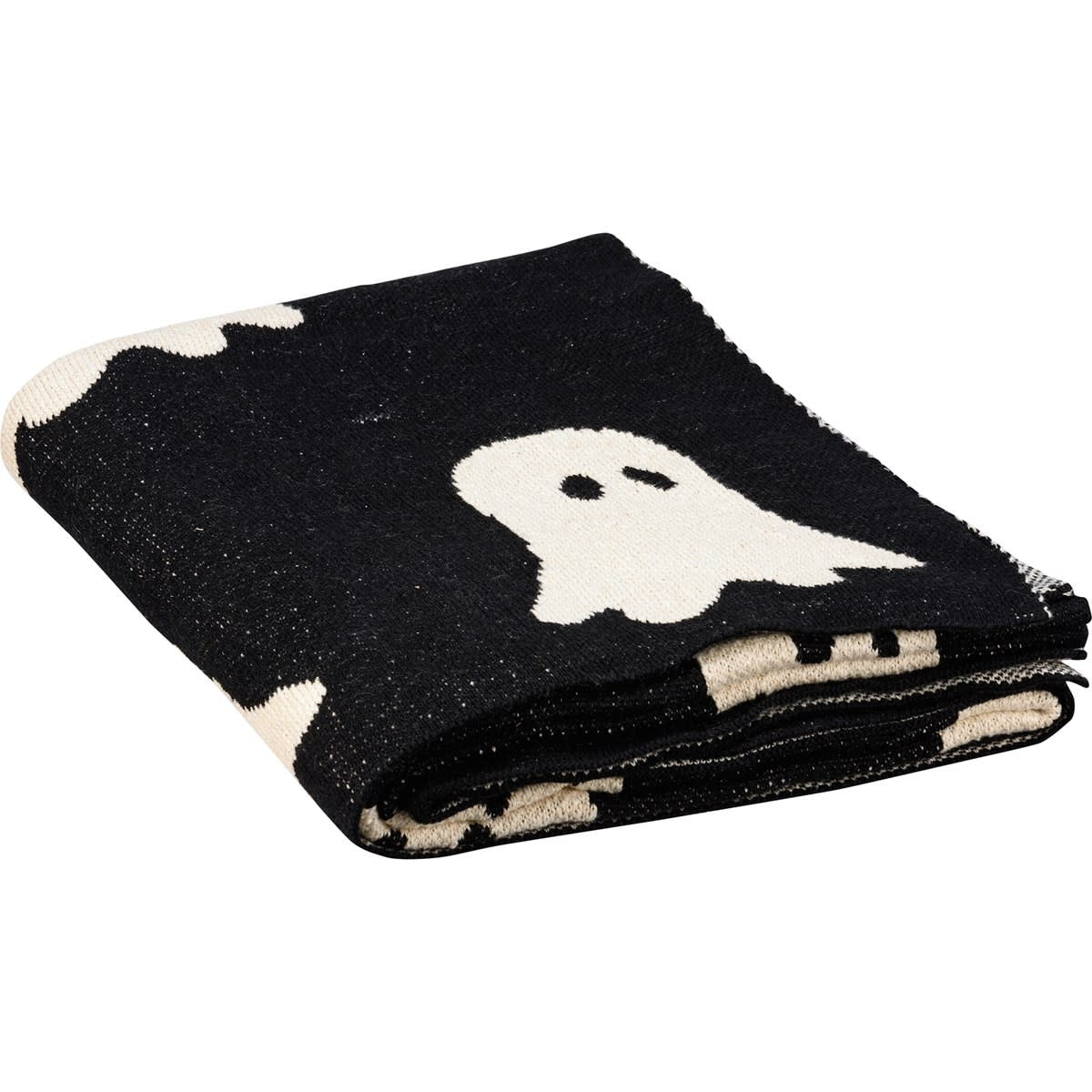 Black cotton throw blanket with machine-knitted ghost designs