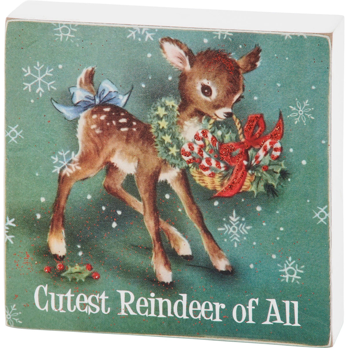 Wood block sign with vintage reindeer art in white glitter on a natural wood background.