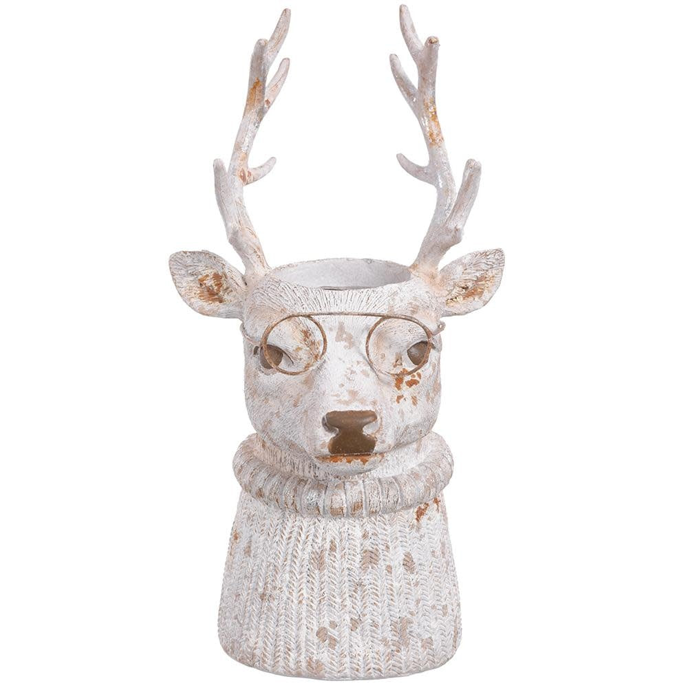 White antique polyresin reindeer planter wearing glasses and a textured sweater pattern.