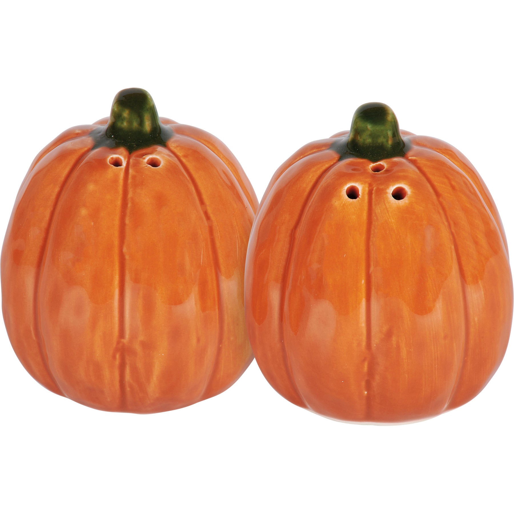 Stoneware salt and pepper shakers with orange pumpkin designs on green stems.