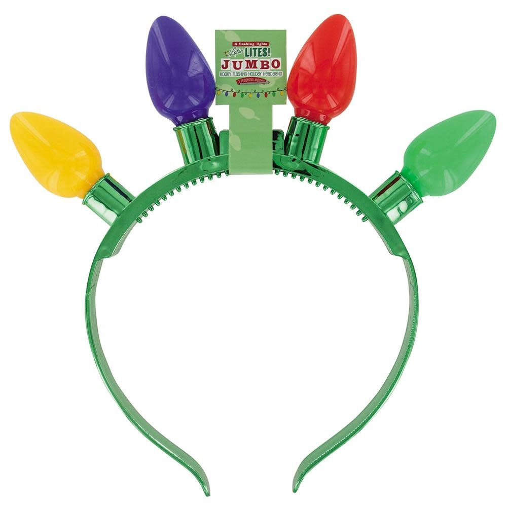 Red headband with four oversized white Christmas bulb lights featuring three flash modes.