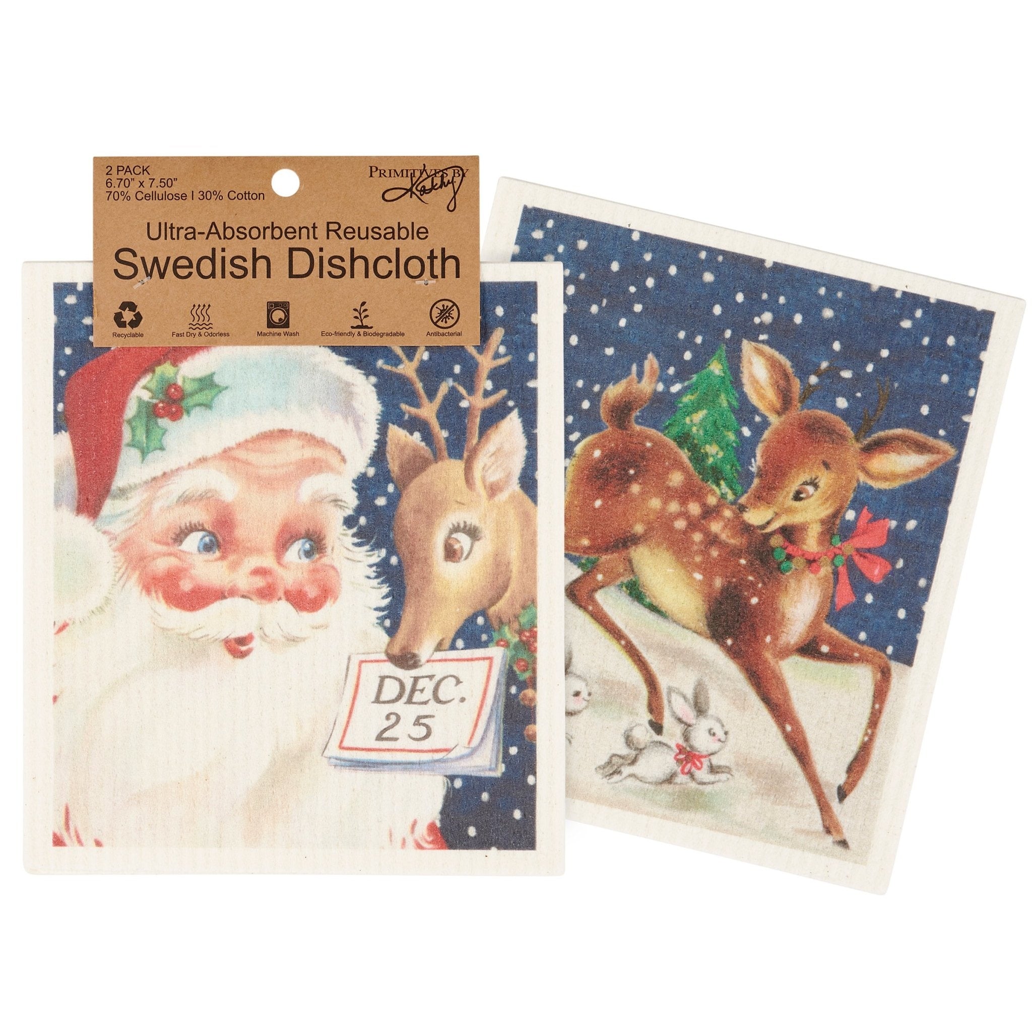 Set of Christmas-themed reusable cellulose dishcloths with colorful designs attached to a header card.