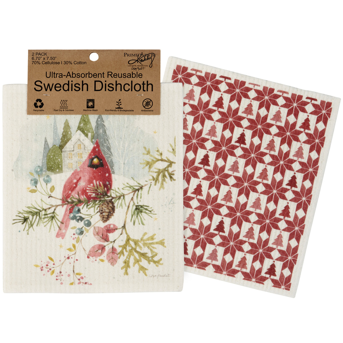 Set of Christmas-themed Swedish dishcloths in red and green cellulose cotton with seasonal patterns.