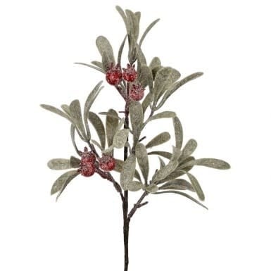 12-inch frosted artificial mistletoe pick with pink berries on a brown stem.