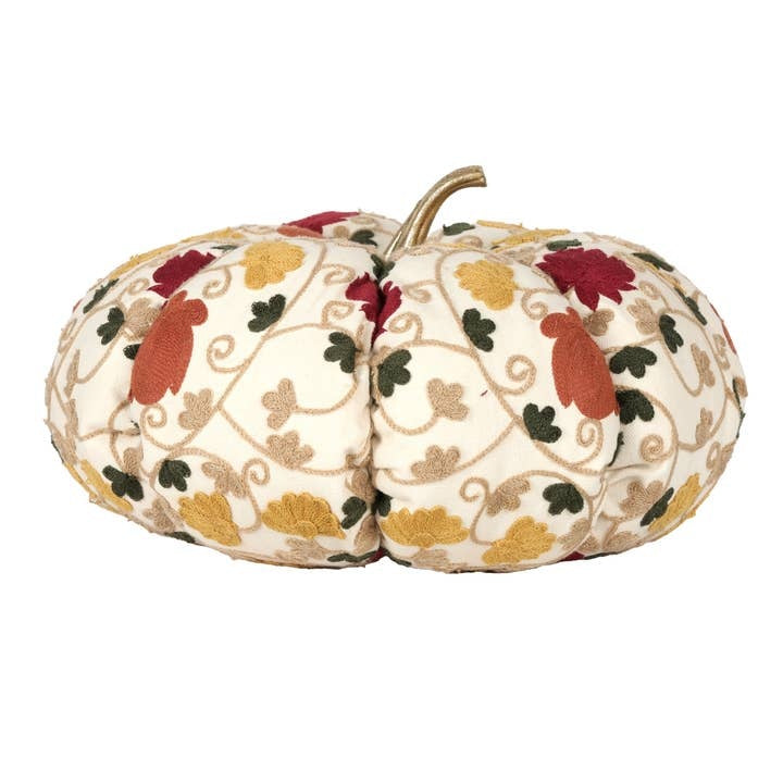 12-inch ivory fabric pumpkin with intricate floral embroidery in autumn colors and a gold stem.