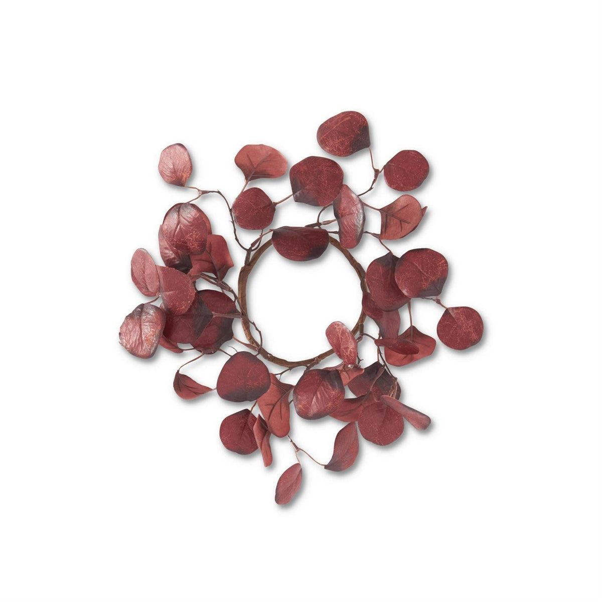 12-inch round candle ring featuring deep red eucalyptus leaves on a brown twig base.