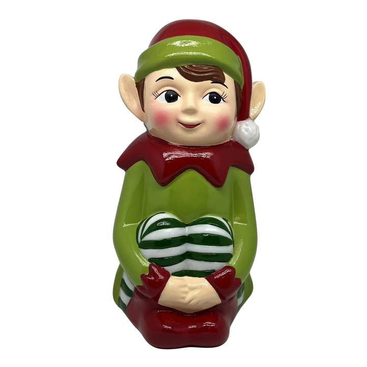 12-inch nostalgic elf blow mold figure in green and red, holding a striped green and white heart.
