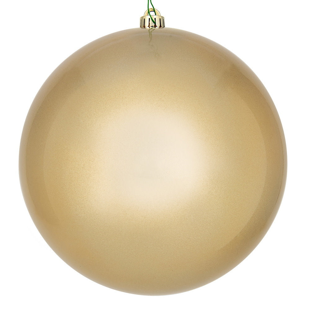 12-inch round, shatterproof oat-colored plastic Christmas ornament with a drilled hanging cap.