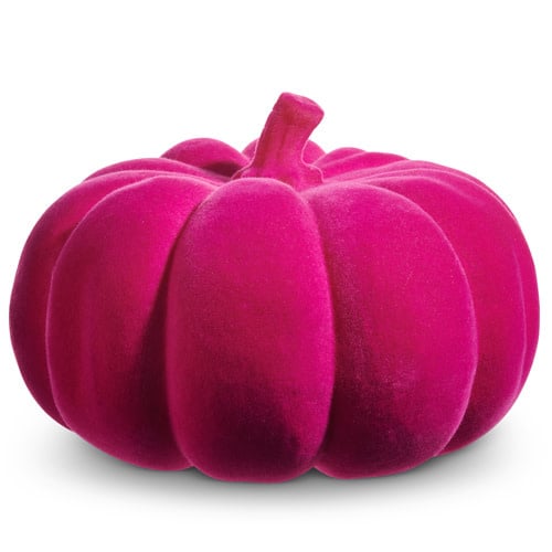 Pink flocked foam pumpkin measuring 6.5 inches tall with a textured matte finish.