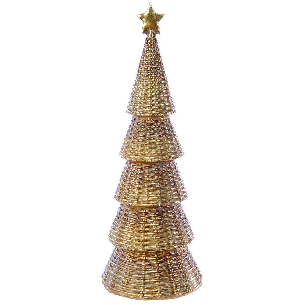 12-inch gold polyresin Christmas tree with a textured woven pattern and a star topper.