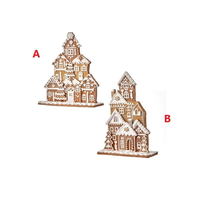 Two gingerbread-style village house scenes with white icing details on a white background.