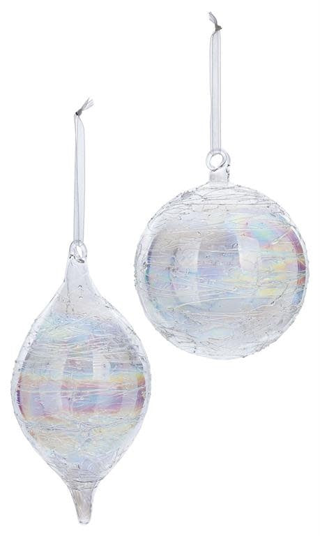 Two clear glass Christmas ornaments with a crackled texture and iridescent finish.